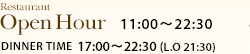 Open Hour 11:00～22:30/Dinner Time 17:00～22:30(L.O 21:30）